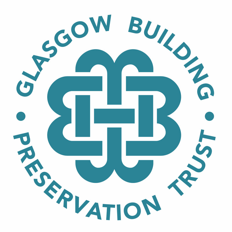 Blue text reads 'Glasgow Building Preservation Trust'. The text is in a circle round a blue logo with curved lines.