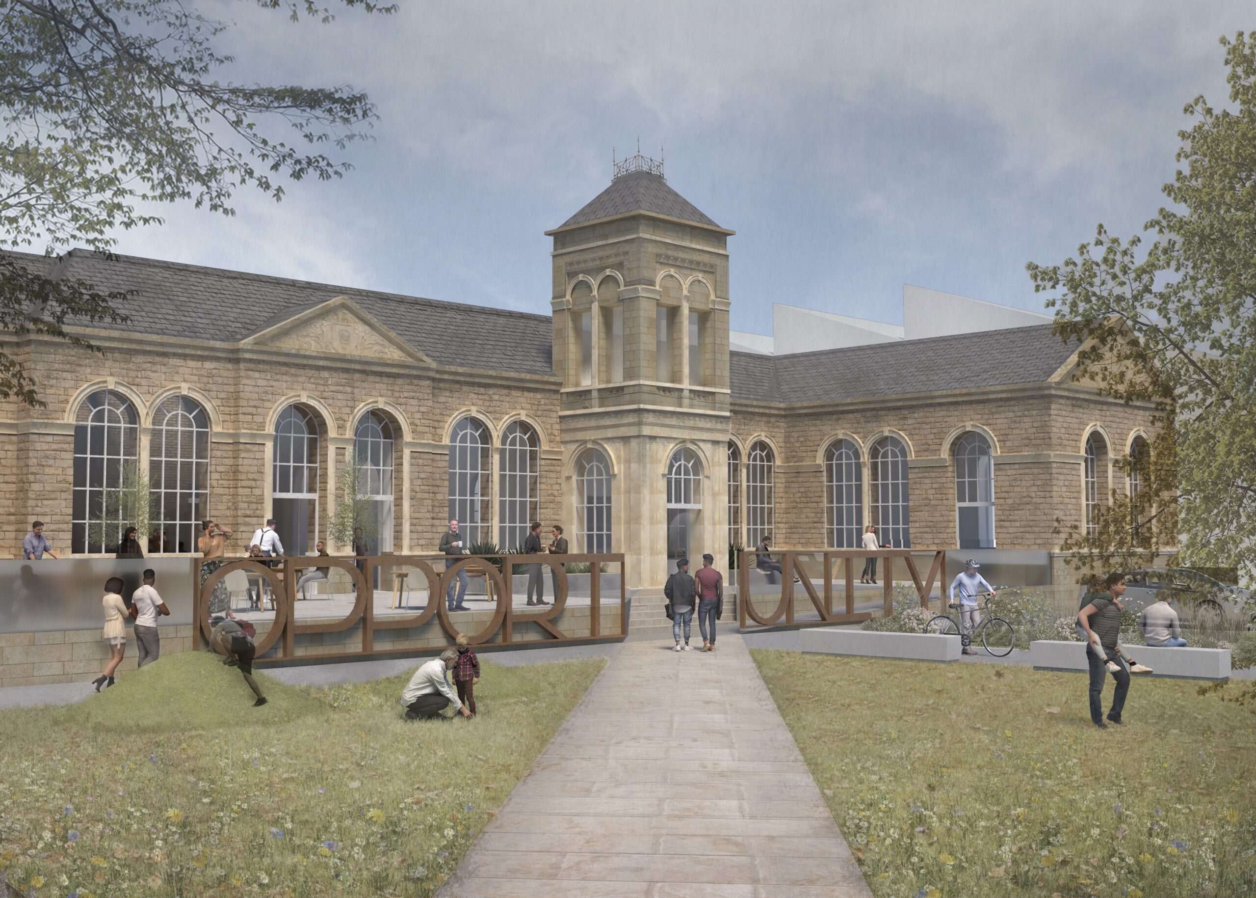 Digital render of Queens Road Centre, an L-shaped brick building with large arched windows, with people walking across the grass in front of it.