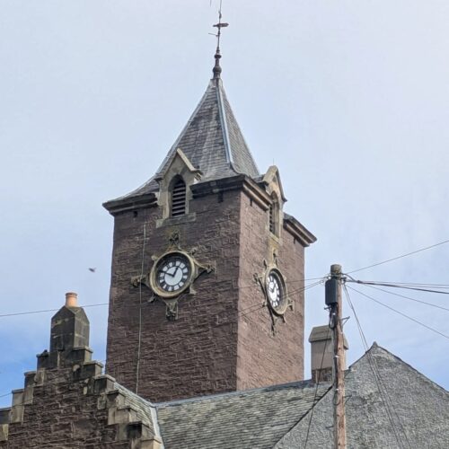 A photograph of the Crieff Old Town Hall clock tower.